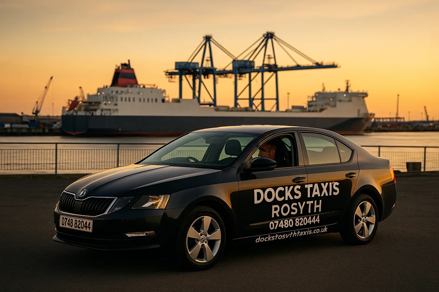 Docks Taxis Rosyth taxi at the Port of Rosyth with a cruise ship docked behind at sunset