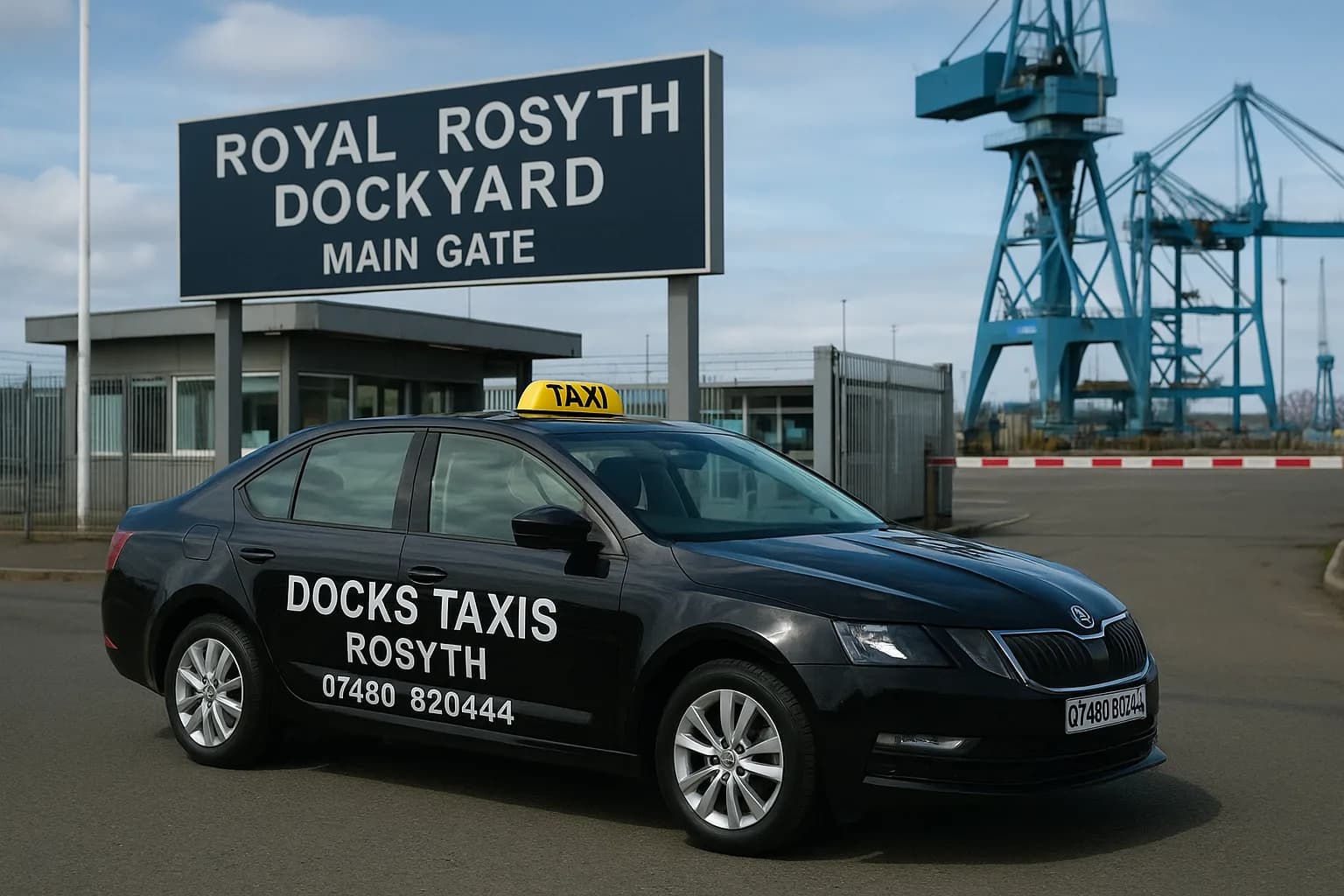 Docks Taxis Rosyth taxi outside the Royal Rosyth Dockyard main gate in daylight