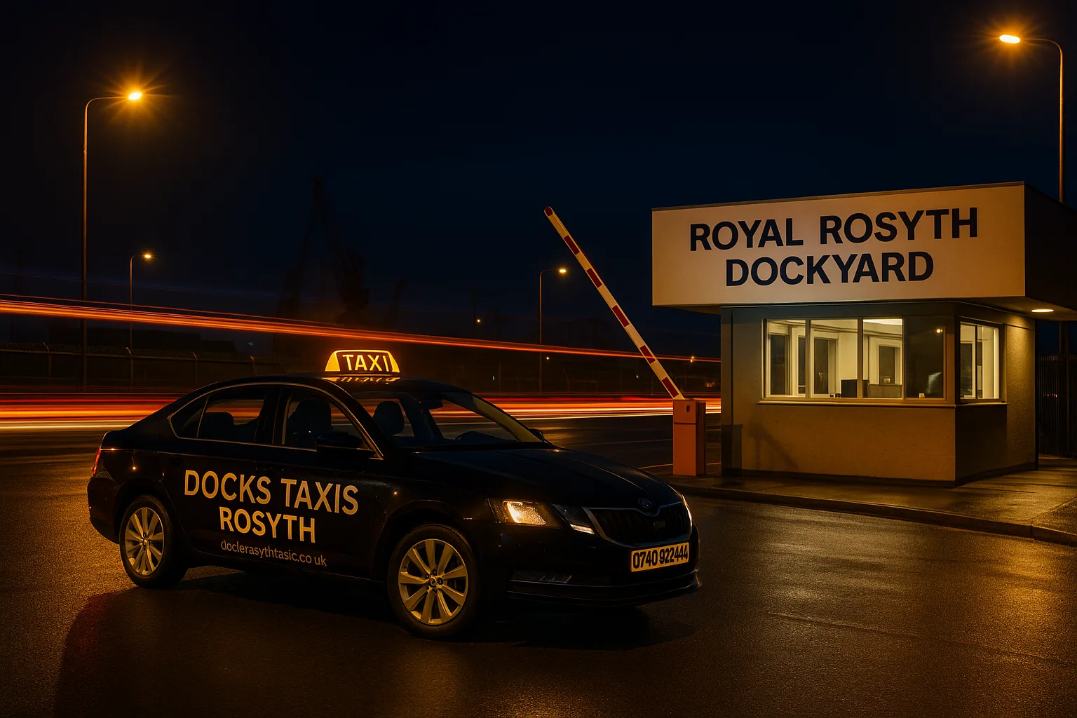 Docks Taxis Rosyth taxi waiting outside the Royal Rosyth Dockyard gatehouse at night